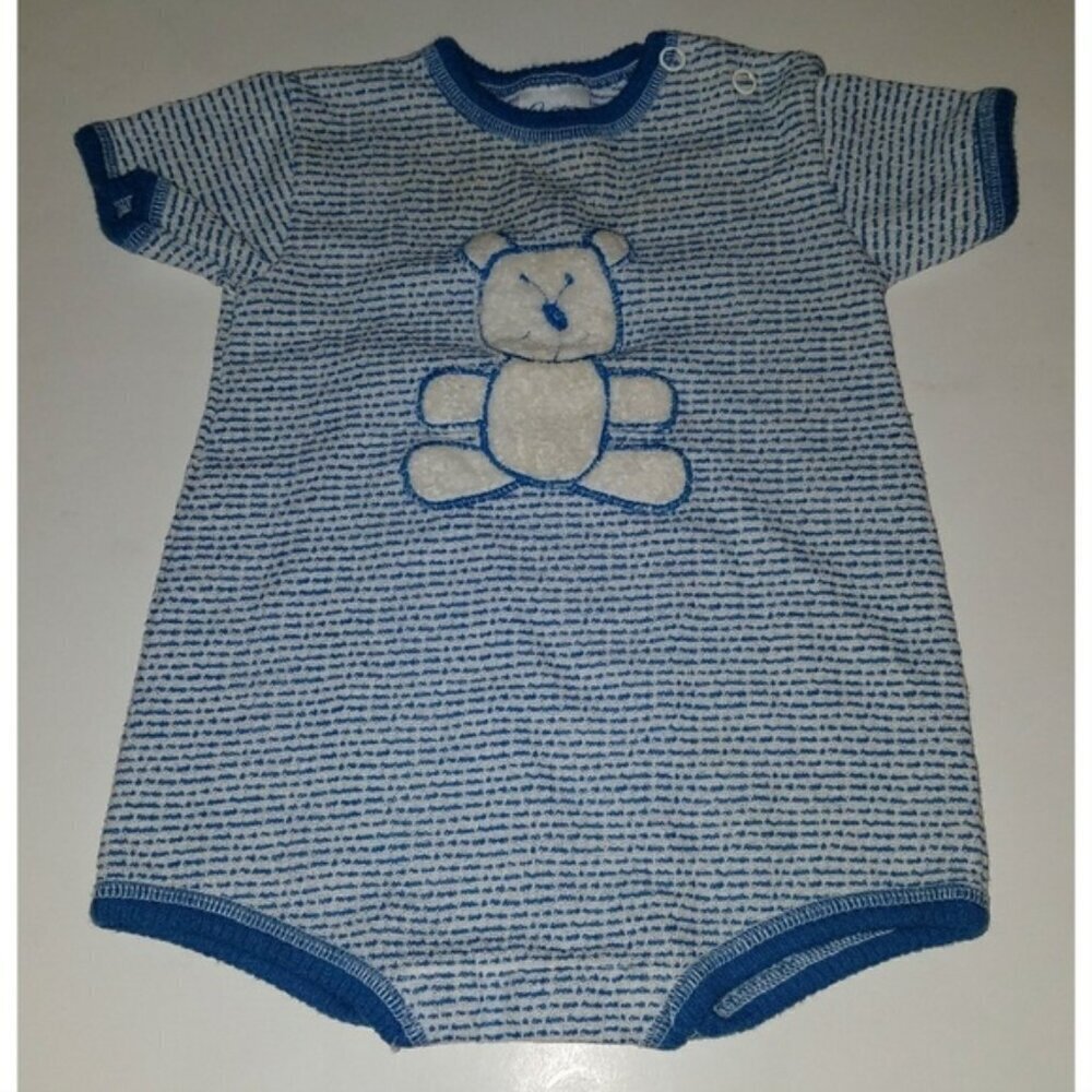 VTG Carter's Teddy Bear Bodysuit 6 Months Blue White Stripe AS IS FLAW